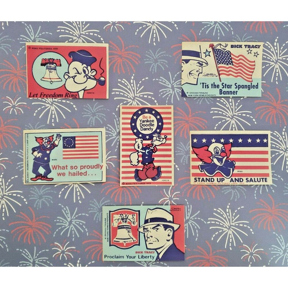 Vintage Patriotic Stickers: 2 x Dick Tracy, 2 x Popeye, 2 x‎ Bozo New Lot of 6